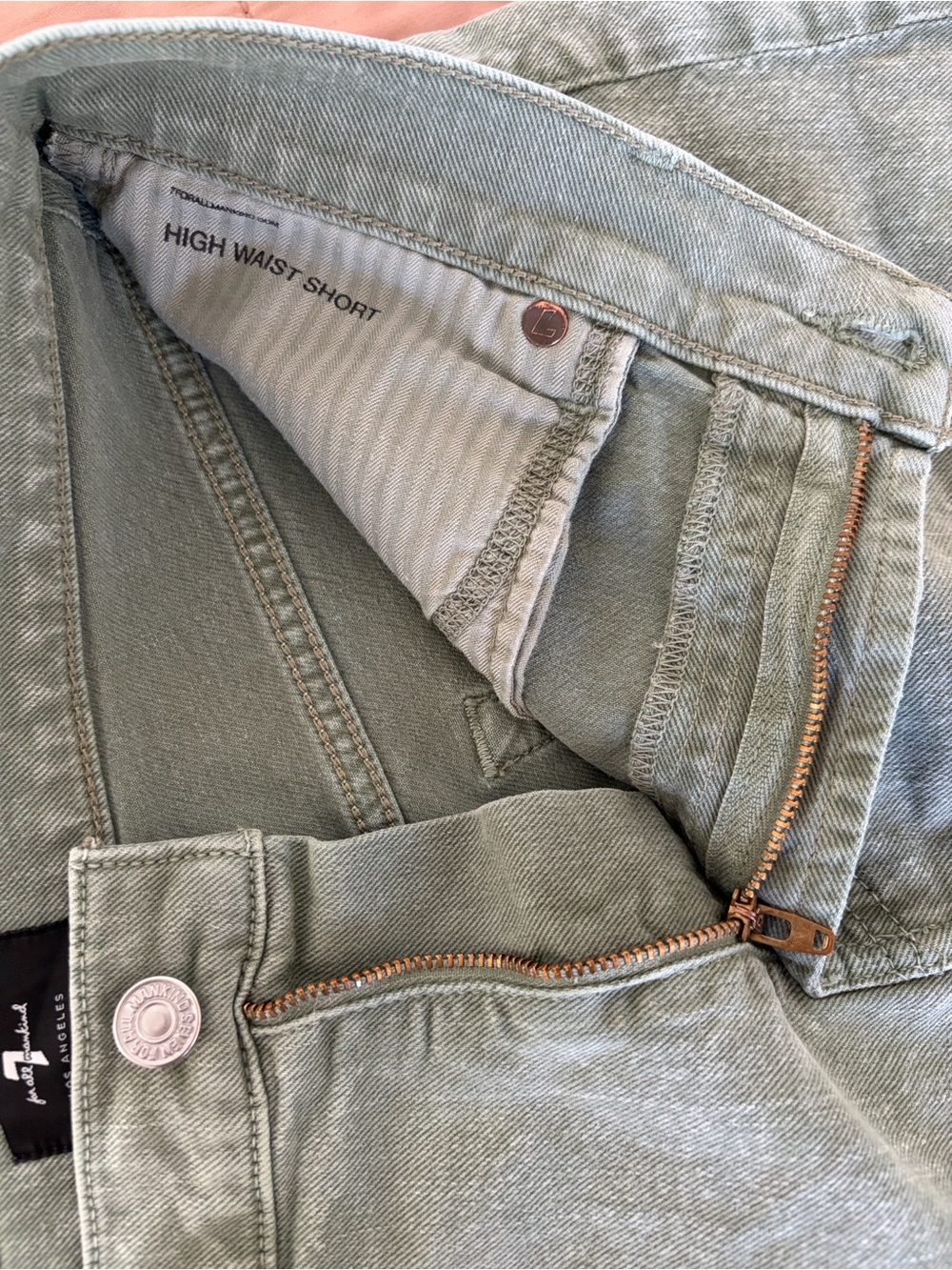 7 For All Mankind Sage Green High-Rise Frayed Hem Denim Shorts - Picture 5 of 5
